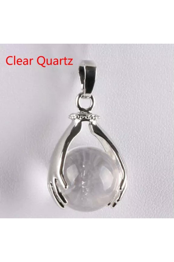 Natural Crystal Gemstone Hands Palm Wrap Ball Round Reiki Chakra Pendant Beads-Clear Quartz