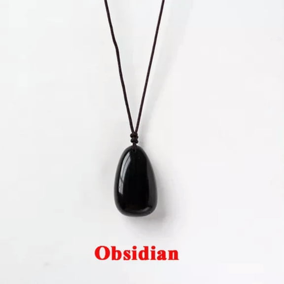 HOOUN Natural Crystal Gemstone Water Drop Oval Pendant Necklace Jewelry Energy Healing-Obsidian