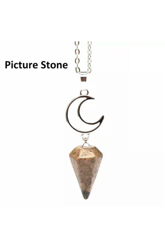 Natural Crystal Moon Hexagonal Pyramid Necklace Pendant Chakra Pendulum Reiki-Picture Stone