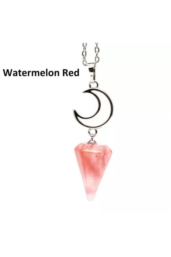 Natural Crystal Moon Hexagonal Pyramid Necklace Pendant Chakra Pendulum Reiki-Watermelon Red