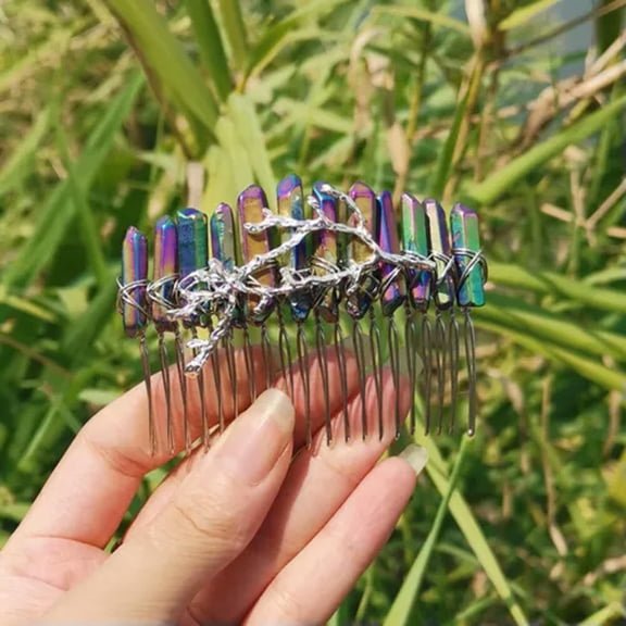 HOOUN Natural Crystal Quartz Bride Women Witch Tree Branches Wired 20 Teeth Hair Comb -Rainbow Titanium