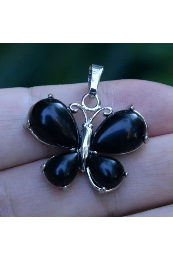 Natural Crystal Quartz Butterfly Chakra Gemstone Pendant Healing Amulet Charm-Black Agate