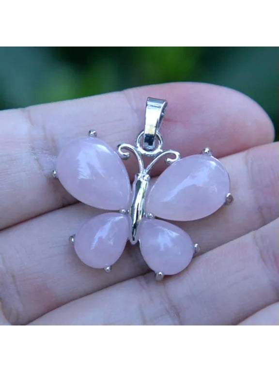 Natural Crystal Quartz Butterfly Chakra Gemstone Pendant Healing Amulet Charm-Rose Quartz