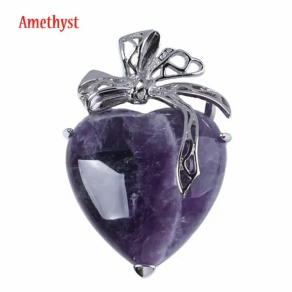 HOOUN Natural Crystal Quartz Love Heart Bow Pendant Bead Chakra Stone Healing Amulet-Amethyst