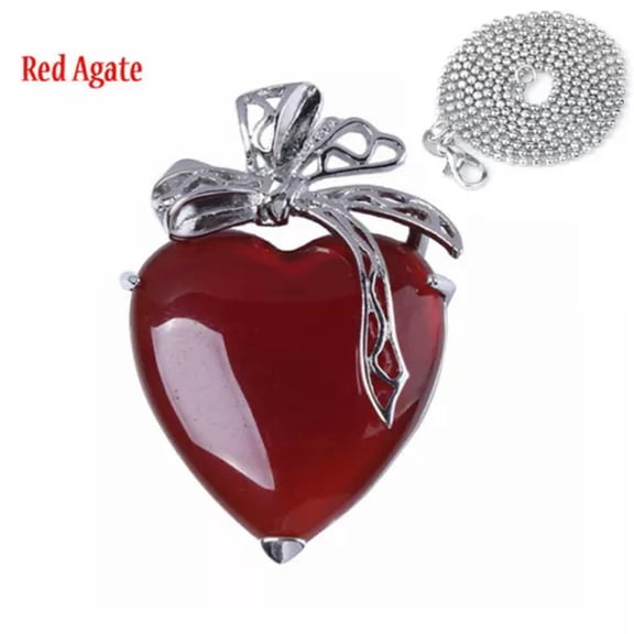 HOOUN Natural Crystal Quartz Love Heart Bow Pendant Bead Chakra Stone Healing Amulet-Red Agate+Chain