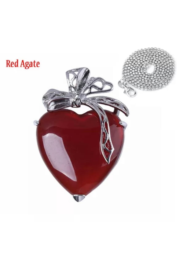 Natural Crystal Quartz Love Heart Bow Pendant Bead Chakra Stone Healing Amulet-Red Agate+Chain
