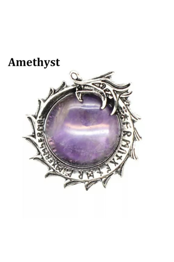Natural Crystal Stone Dragon Viking Runic Round Rune Amulet Pendant Healing Gift-Amethyst-1PC (Random Pick)