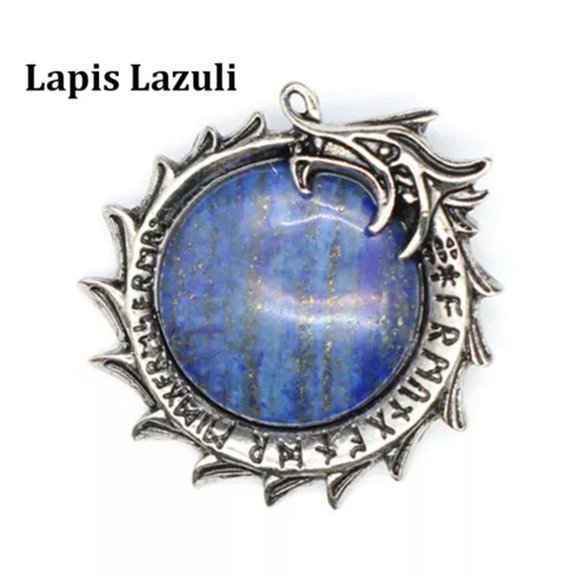 HOOUN Natural Crystal Stone Dragon Viking Runic Round Rune Amulet Pendant Healing Gift-Lapis Lazuli-1PC (Random Pick)