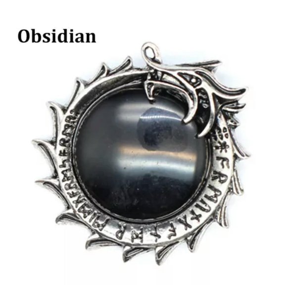 HOOUN Natural Crystal Stone Dragon Viking Runic Round Rune Amulet Pendant Healing Gift-Obsidian-1PC (Random Pick)