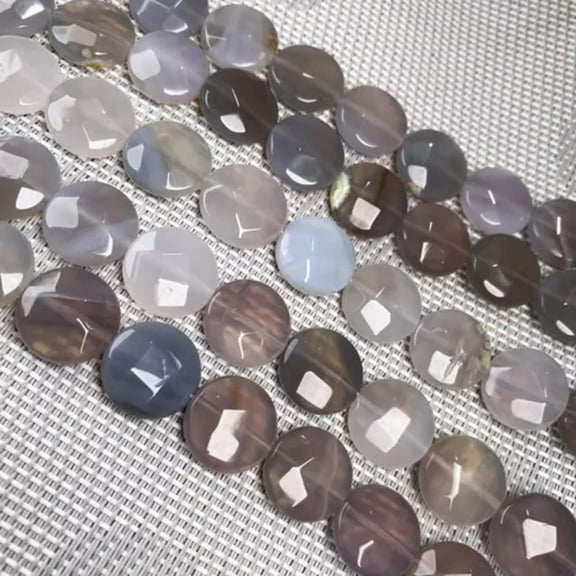 HOOUN Natural Flat Faceted Round Gemstone Agates Loose Beads for Jewelry Making-Grey Agate-16x16x6mm-7.5 Inches