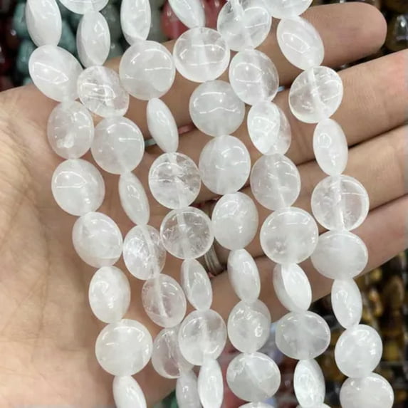 HOOUN Natural Flat Round Turquoises Chalcedony GemStone Loose Beads for Jewelry Making-White crystal-14mm About 14PCS