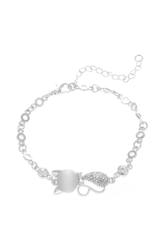 Natural Gem Opal Cute Cat Stone White Adjustable Bracelet Bangle Jewellery Gift-Silver