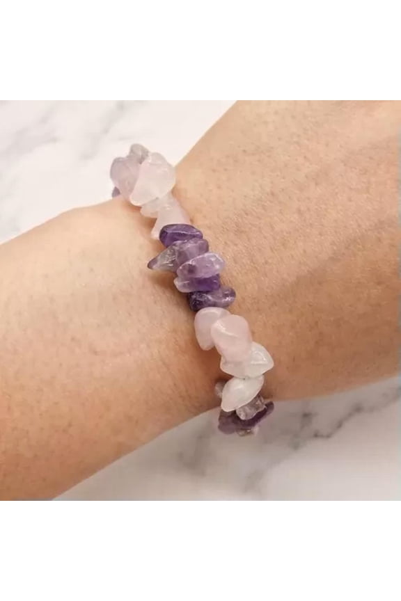 Natural Gemstone Chip Beads Stretchy Bracelet Chakra Stone Reiki Healing Jewelry-Amethyst+Rose Quartz