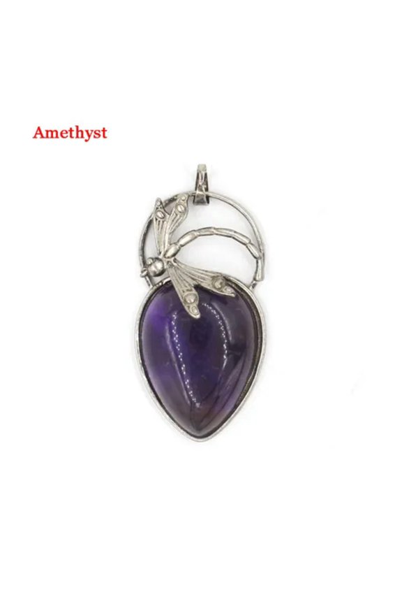 Natural Gemstone Crystal Bead Chakra Teardrop Dragonfly Pendant Jewelry Necklace-Amethyst