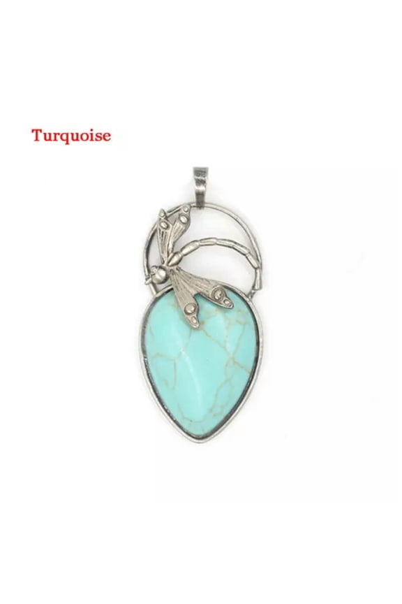Natural Gemstone Crystal Bead Chakra Teardrop Dragonfly Pendant Jewelry Necklace-Turquoise