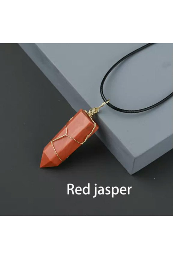 Natural Gemstone Hexagonal Point Pendant Wire Wrap Healing Quartz Necklace-Red jasper