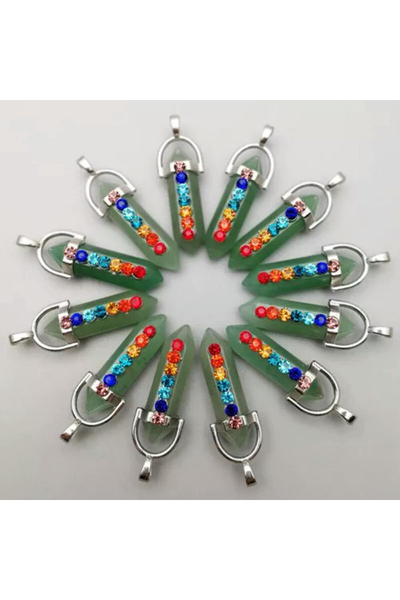 Natural Gemstones 30PCS Hexagonal Pointed 7 Color Reiki Chakra Stones Pendant-Green Aventurine