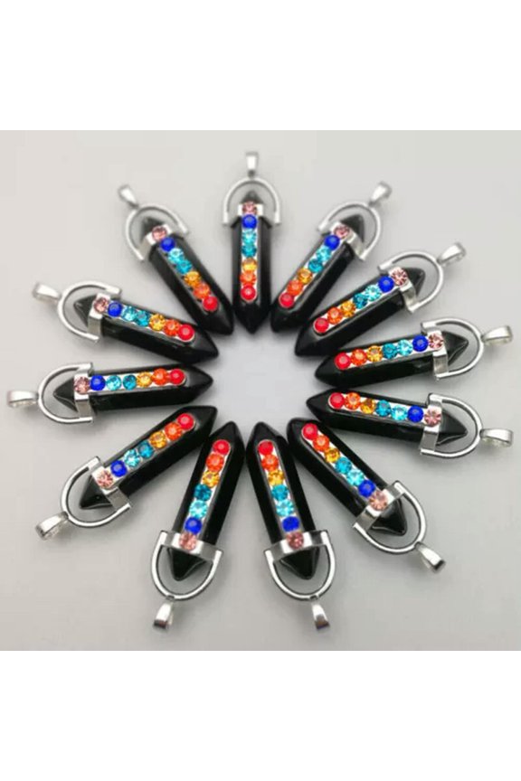 Natural Gemstones 30PCS Hexagonal Pointed 7 Color Reiki Chakra Stones Pendant-Obsidian