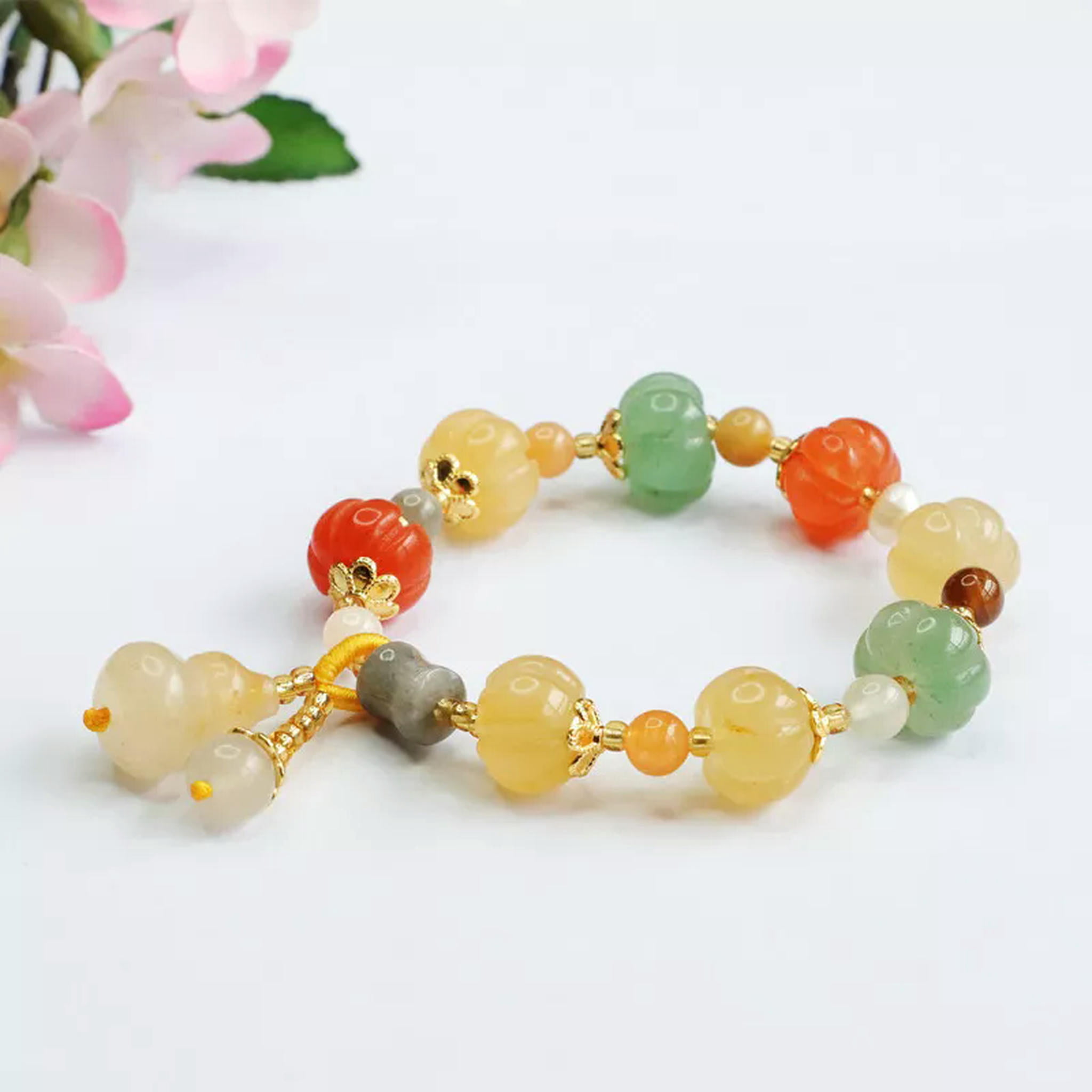 HOOUN Natural Gold Silk Jade Women's 13Mm Gourd Pumpkin Bead Bracelet