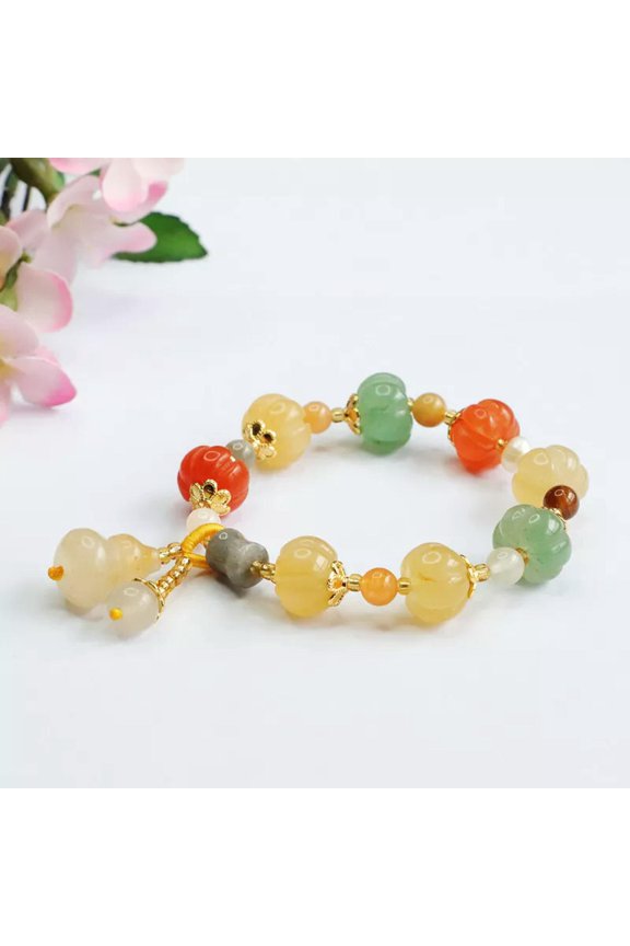 Natural Gold Silk Jade Women's 13Mm Gourd Pumpkin Bead Bracelet