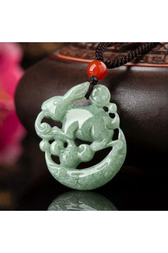 Natural Grade A Ice Jade Jadeite Lucky Green Coin Zodiac Rabbit Moon Pendant