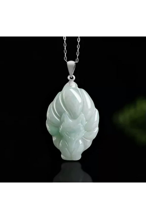 Natural Grade A Jade Jadeite Lucky Nine Tailed Fox S925 Silver Clasp Pendant