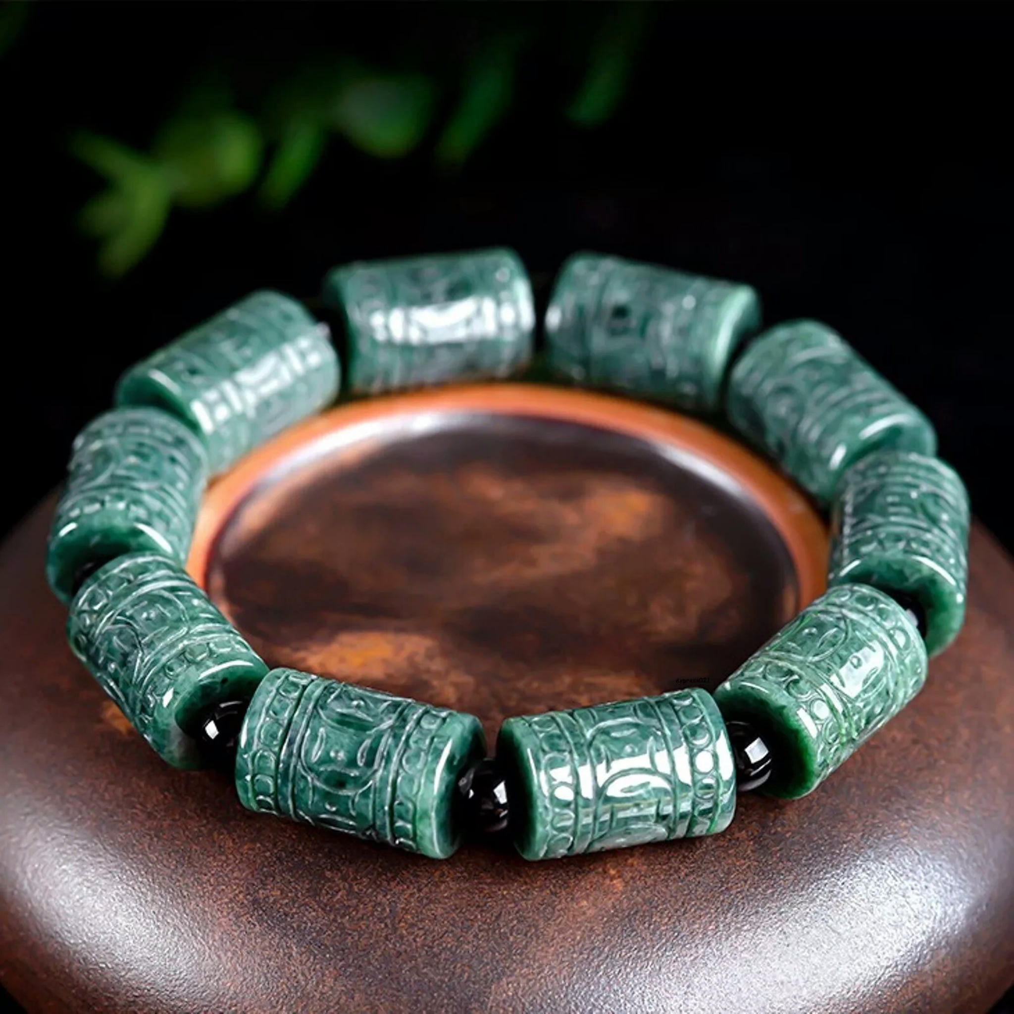 HOOUN Natural Grade A Jade Jadeite Men Women Carved Coin Column Round Beads Bracelet
