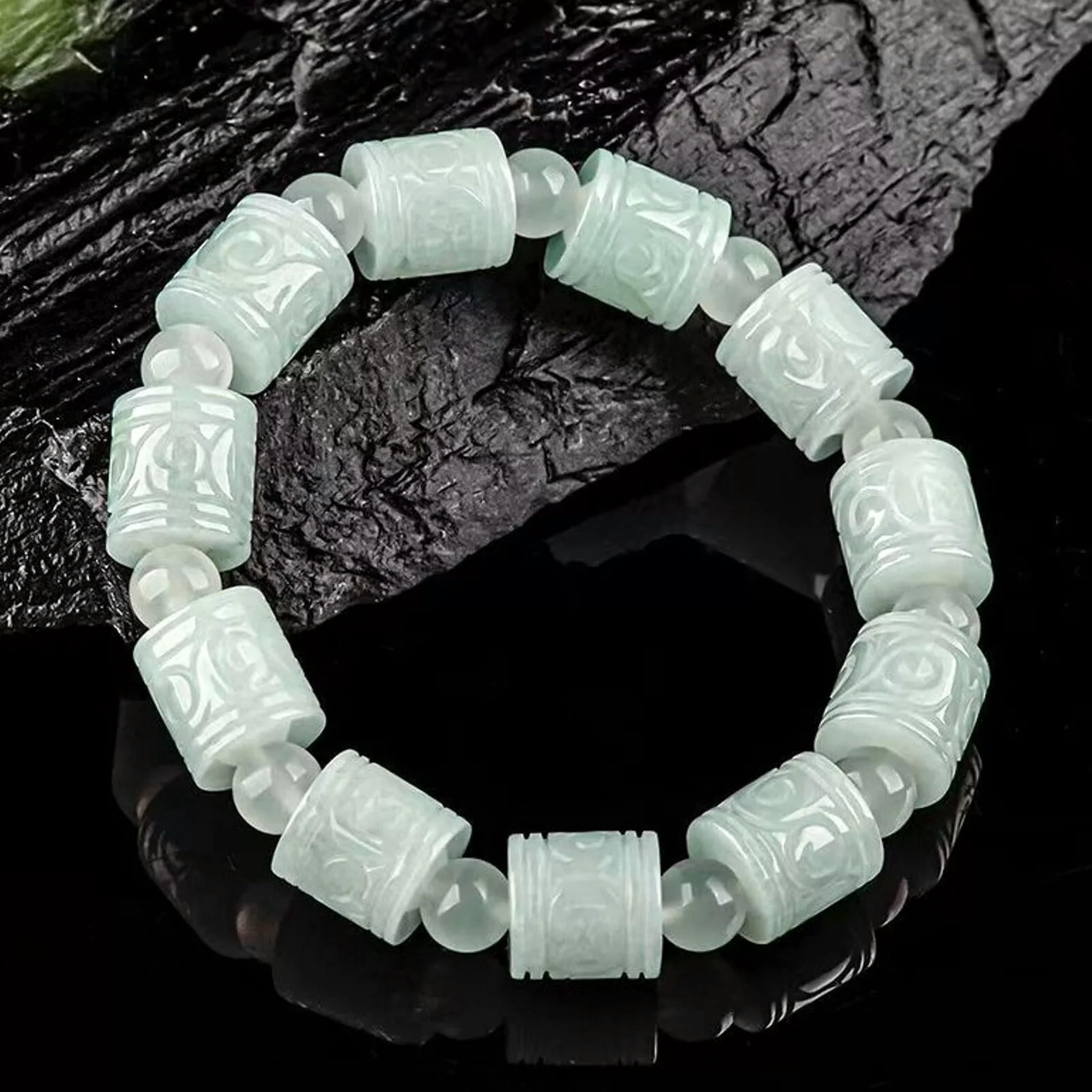 HOOUN Natural Grade A Jade Jadeite Men Women Lucky Carved Column Round Bead Bracelet