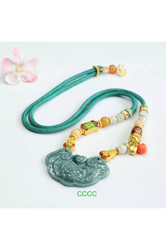 Natural Grade A Jade Jadeite Women Men Blue Water Ruyi Lock Pendant Chain Gift