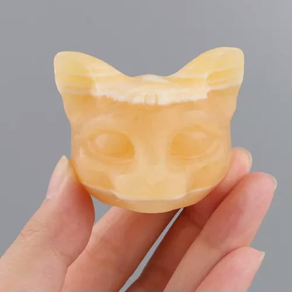 HOOUN Natural Hand Carved Crystal Three-eyes Cat Head Skull Quartz Reiki Figurine Gift-Yellow Calcite-1PC (Random Pick)