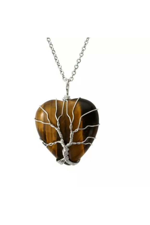 Natural Heart Shape Wrapped Metal Stone Healing Energy Pendant Necklace Gift -Tiger Eye