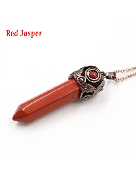 Natural Hexagonal Stone Pendant Quartz Crystal Healing Chakra Pendulum Necklace-Red Jasper