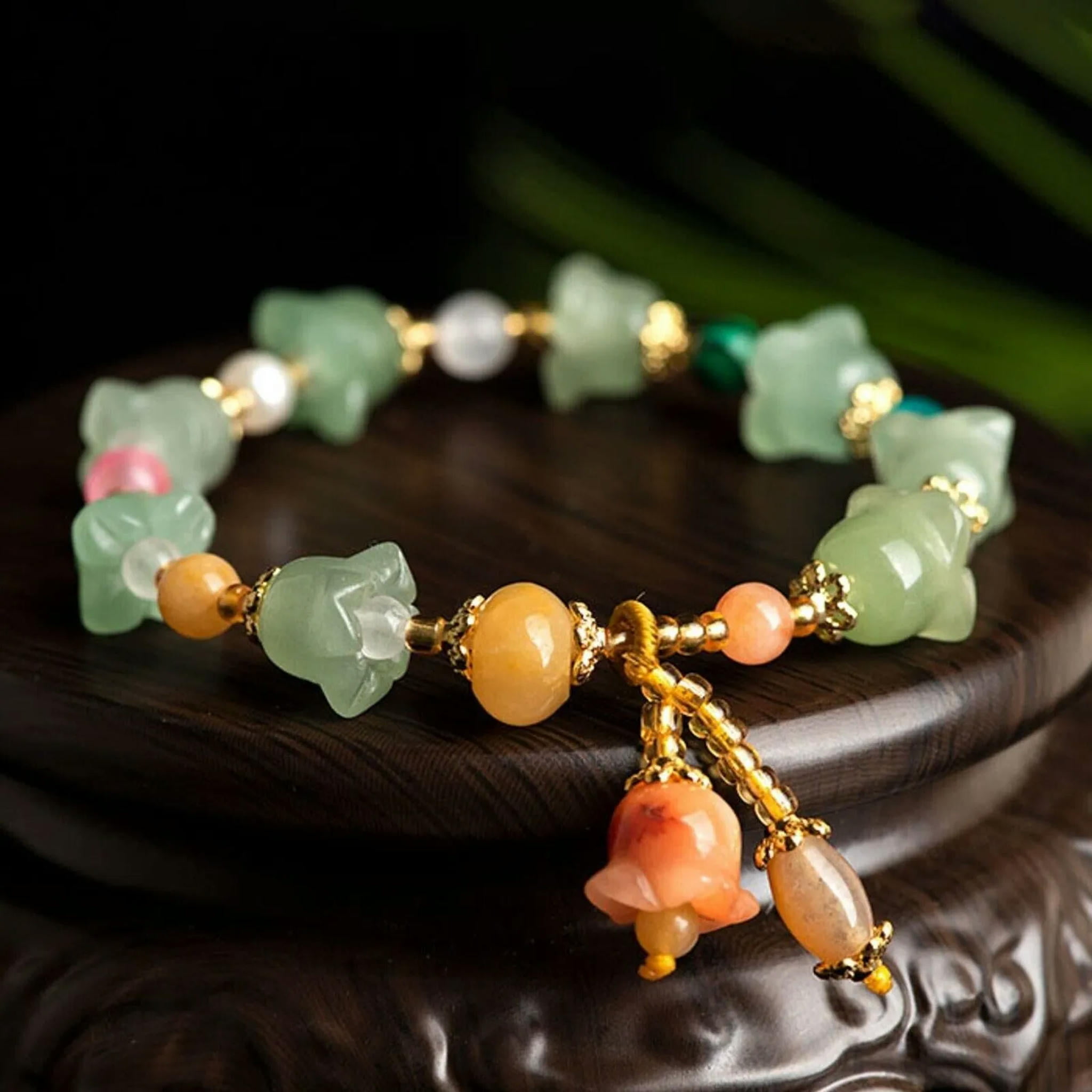 HOOUN Natural Jade Bangle Women Lucky Colourful Flower Beaded Bracelet