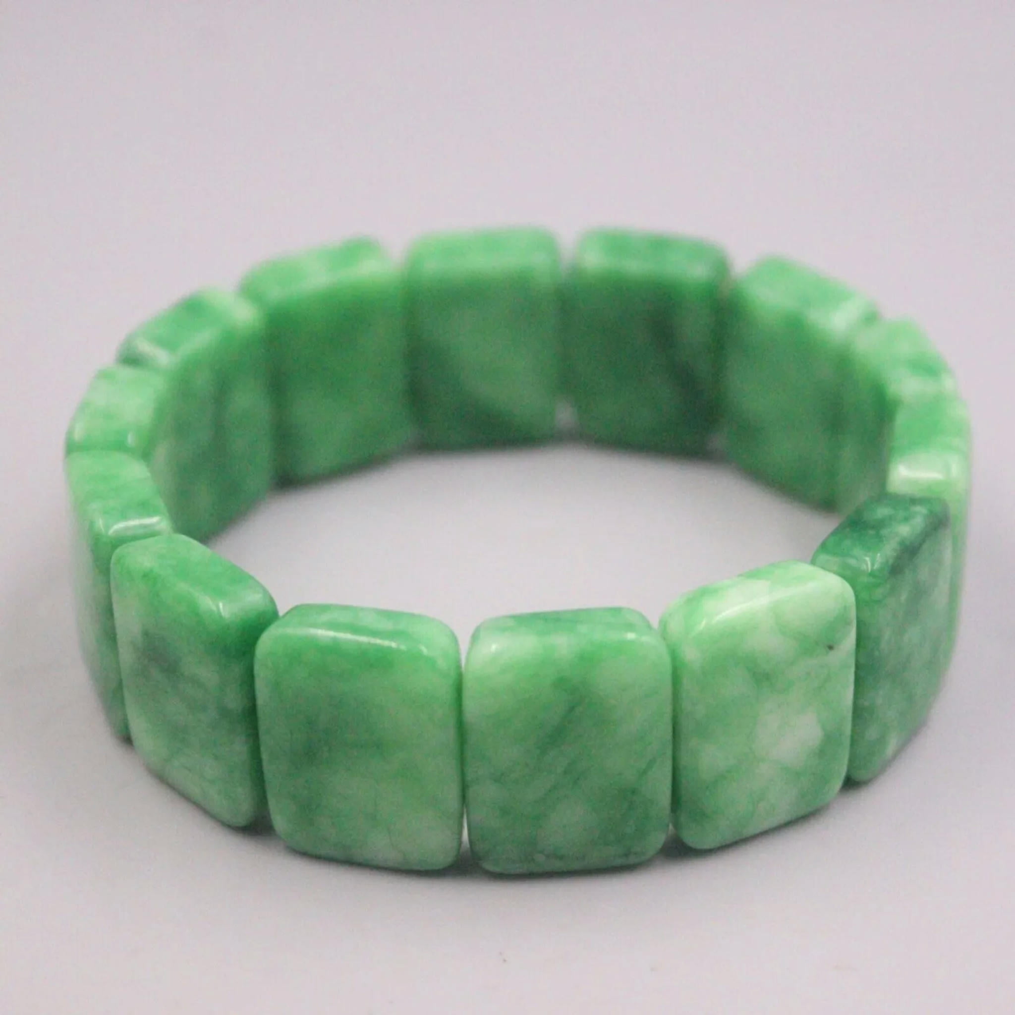 HOOUN Natural Jade Men Women Lucky Green Long Square 20mm W Beaded Elastic Bracelet