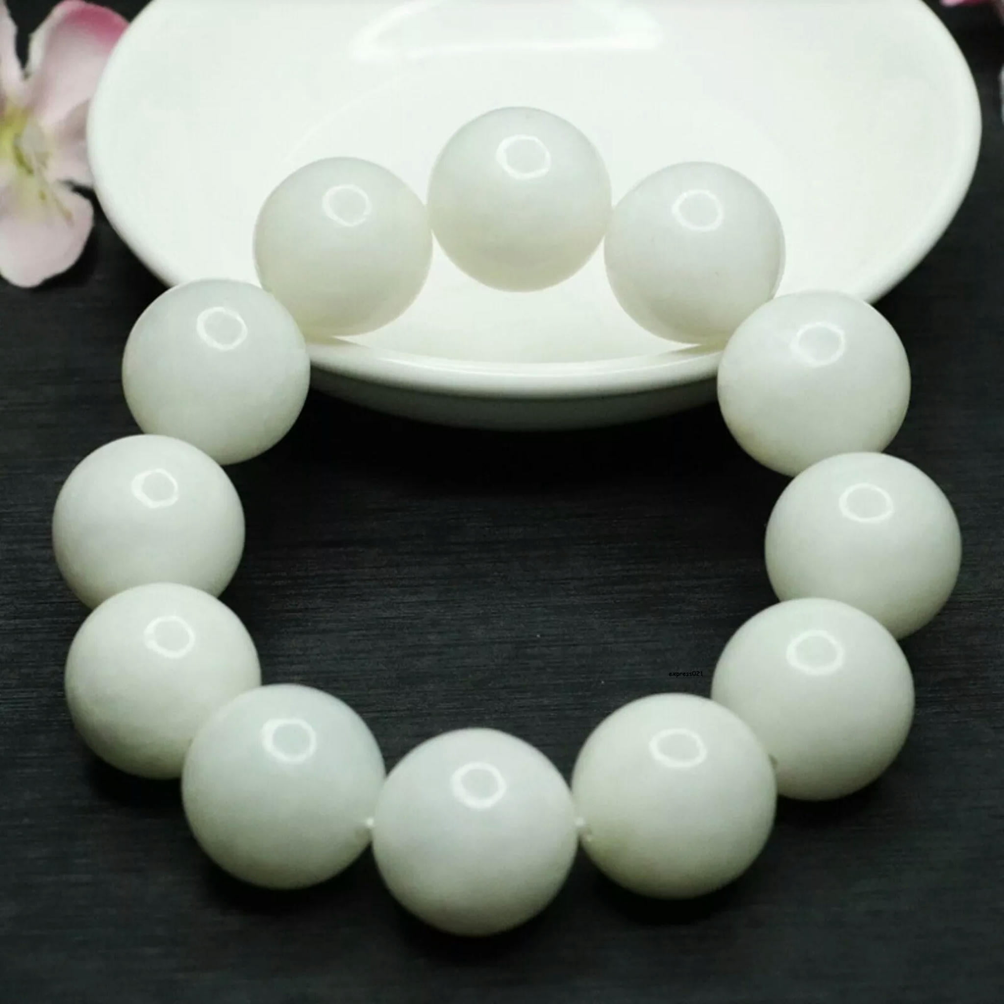 HOOUN Natural Jade Nephrite Lucky Gift Men Women 18mm Glossy Round&nbsp;Beaded Bracelet