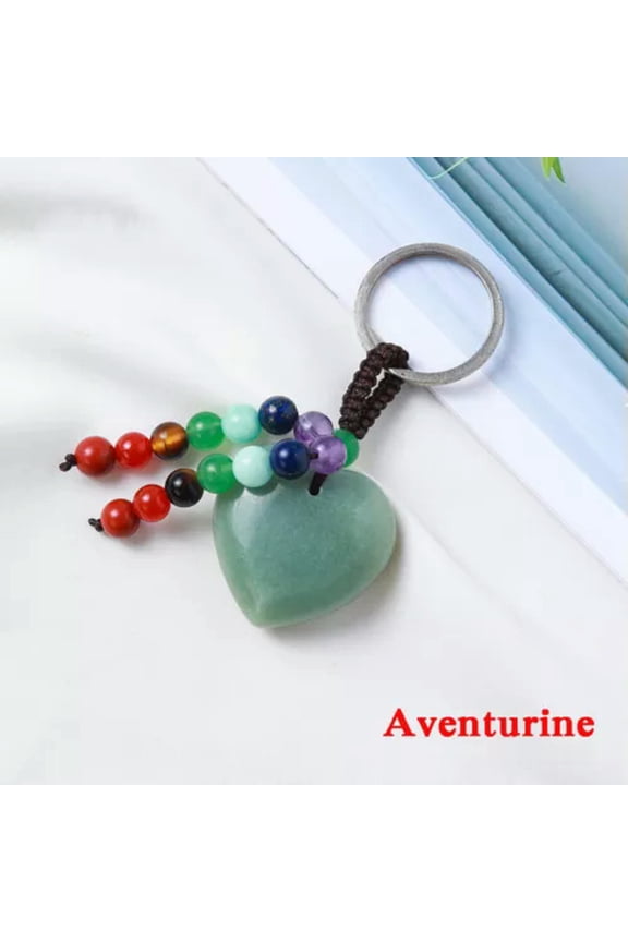 Natural Love Crystal Keyring Heart Shaped 7 Chakra Beads Gemstone Keychain Reiki-Aventurine