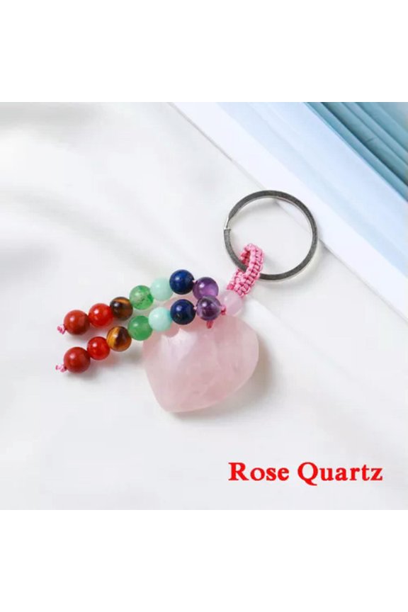 Natural Love Crystal Keyring Heart Shaped 7 Chakra Beads Gemstone Keychain Reiki-Rose Quartz