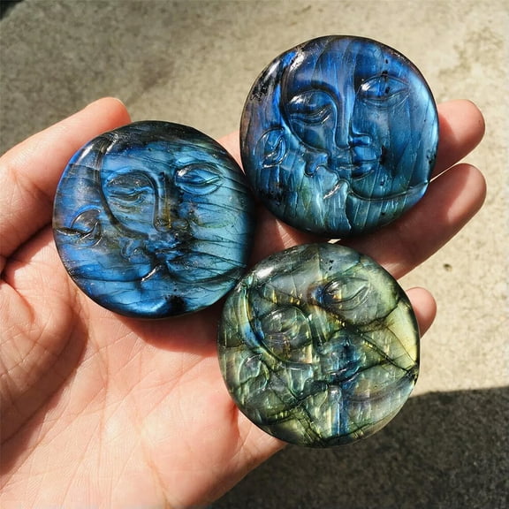 HOOUN Natural Moon Sun Kiss Face Labradorite Crystal Carved Rainbow Healing Decoration