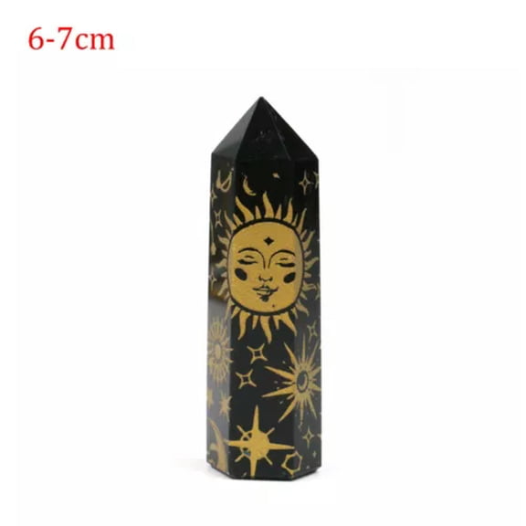 HOOUN Natural Obsidian Quartz Crystal Obelisk Wand Point Hexagonal Prism Reiki Healing-1PC (Random Pick)-Gold-Sun Moon Star (6-7cm)
