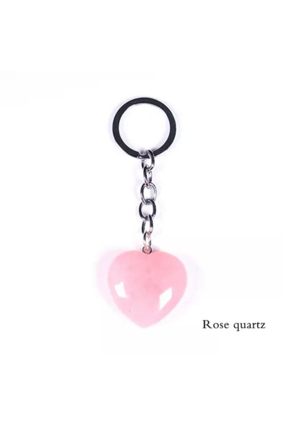 Natural Quartz Crystal Stone Love Heart Keyring Healing Keychain Ornaments-Rose Quartz