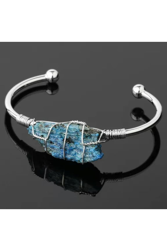 Natural Raw Healing Crystal Quartz Wire Wrap Stone Reiki Bracelets Women Jewelry-Silver-Blue Crystal Quartz