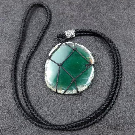 HOOUN Natural Rope Wrap Agate Slice Colorful Stone Crystal Necklace Irregular Pendant-Green