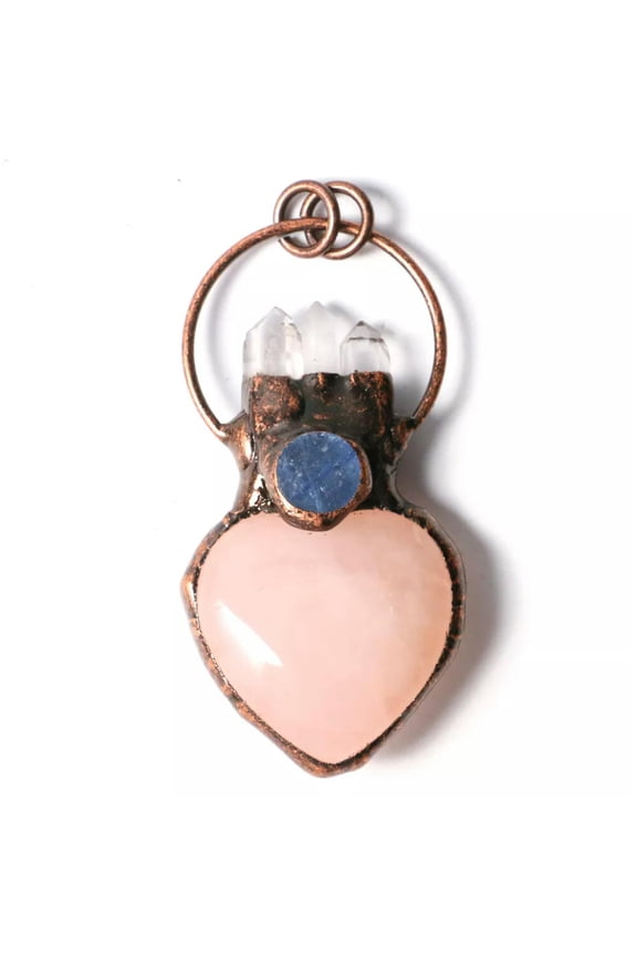 Natural Rose Quartz Crystal Heart Carved Pendant Clear Quartz Point Healing