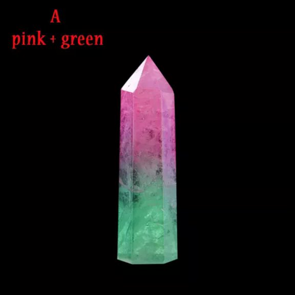 HOOUN Natural Single-pointed Rainbow Hexagonal Column Clear Crystal Plating Ornaments-A-Pink&Green-4-5cm