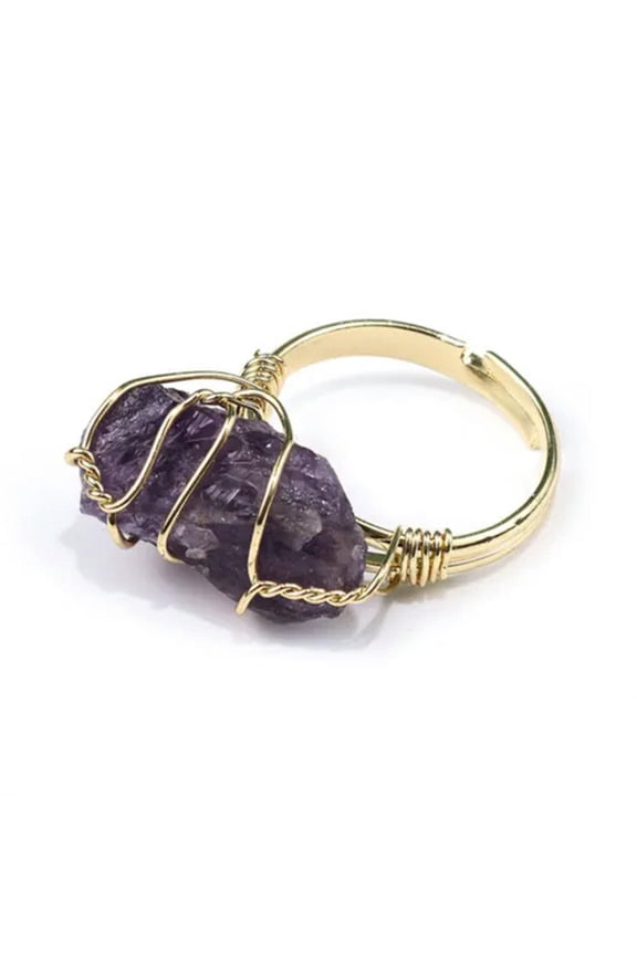 Natural Stone Irregular Crystal Quartz Fluorite Wire Wrap Ring Healing Resizable-Gold-Amethyst