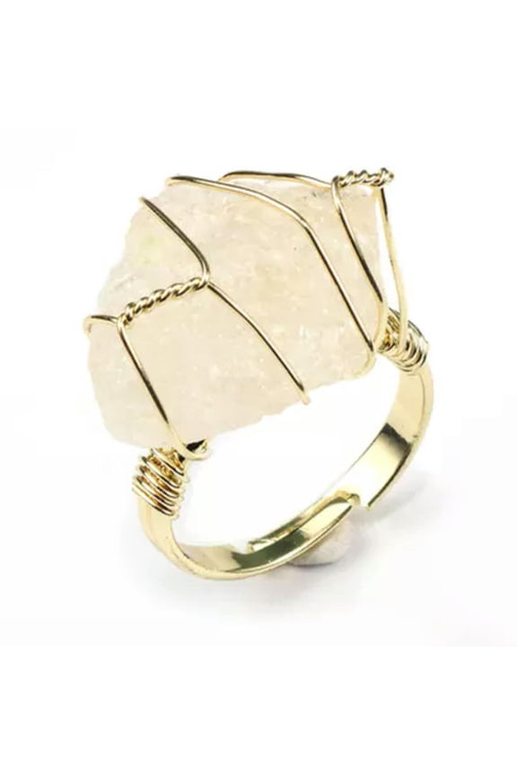 Natural Stone Irregular Crystal Quartz Fluorite Wire Wrap Ring Healing Resizable-Gold-Citrine