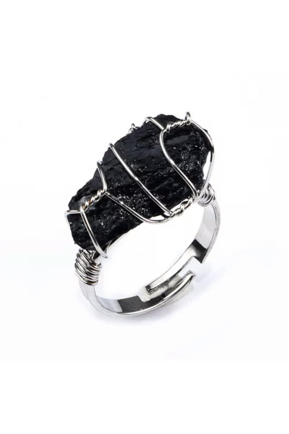 Natural Stone Irregular Crystal Quartz Fluorite Wire Wrap Ring Healing Resizable-Silver-Tourmaline