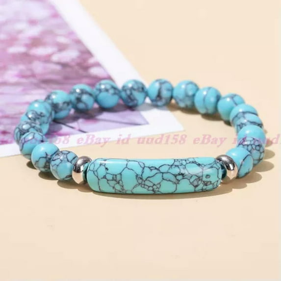 HOOUN Natural Stone Tiger Eye Beaded Bracelet Elasticity Bangle Elegant Women Jewelry-Blue Turquoise