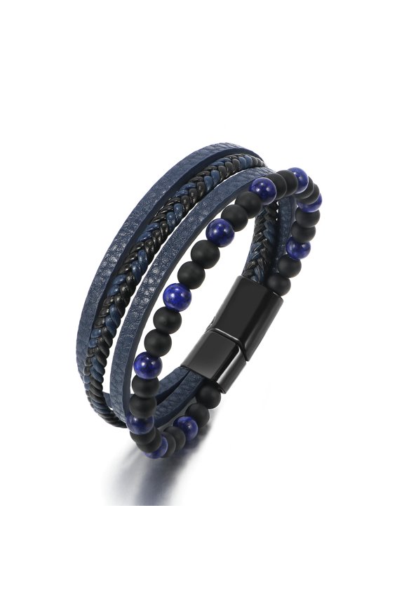 Natural Tiger's-Eye Beads Men's Bracelet Hand Woven Multilayer Leather Bracelet-lasurite +Grinding sand 21cm