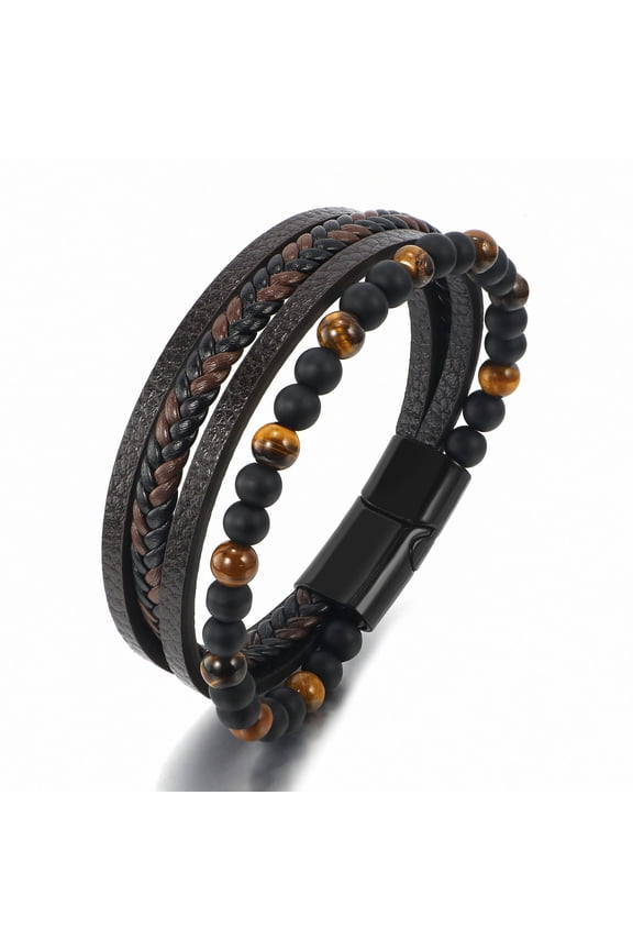 Natural Tiger's-Eye Beads Men's Bracelet Hand Woven Multilayer Leather Bracelet-tiger's-eye+Grinding sand 21cm